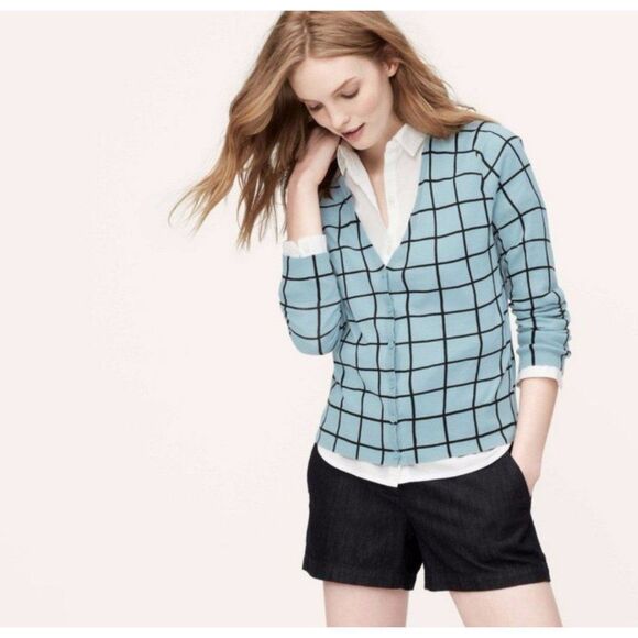 Ann Taylor Loft Womens Sz Medium Cardigan Sweater Windowpane Check V-Neck - Picture 1 of 9